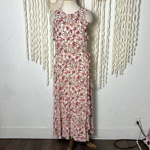 Sundance Pink Red Floral Ruffle Accent Sleeveless Midi Length Dress M
